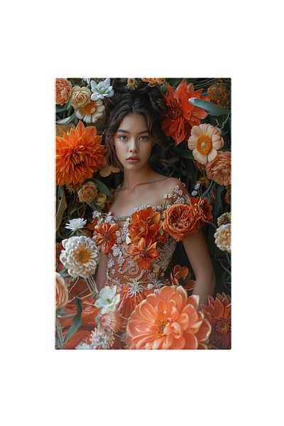 StoryGift Romania Tablou Canvas: Cadru Flori Mari și Fată în Mijloc în Rochie din Flori Colorate- Eleganță Flora