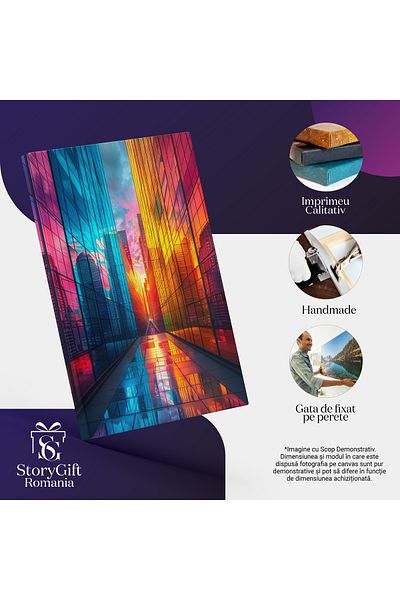 StoryGift Romania Tablou Canvas Caleidoscopul Urban Armonia Culorilor Aprinse Și Reflexia Cerului Roz , Pictura