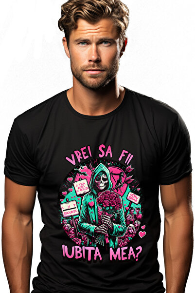 StoryGift Romania Tricou Barbati Vrei Sa Fii Iubita Mea Schelete Flori Romant...