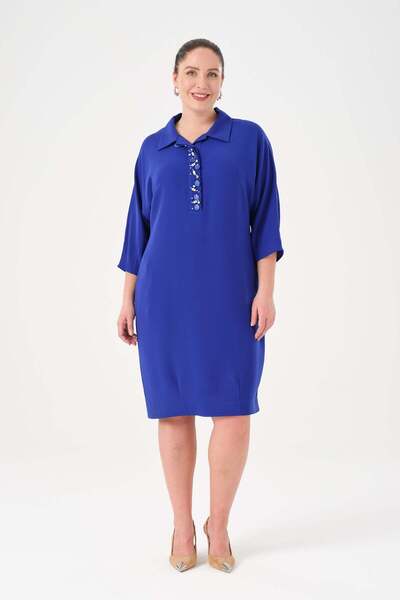 Gemko Bat Sleeve Collar Embroidered Dress - Sax