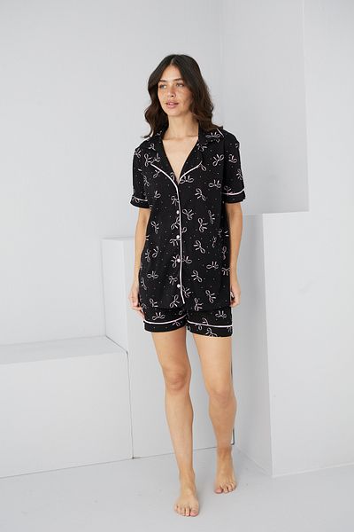 Siyah İnci Black Pink Bow Pattern Cotton Buttoned Bias Knitted Shorts Suit7885
