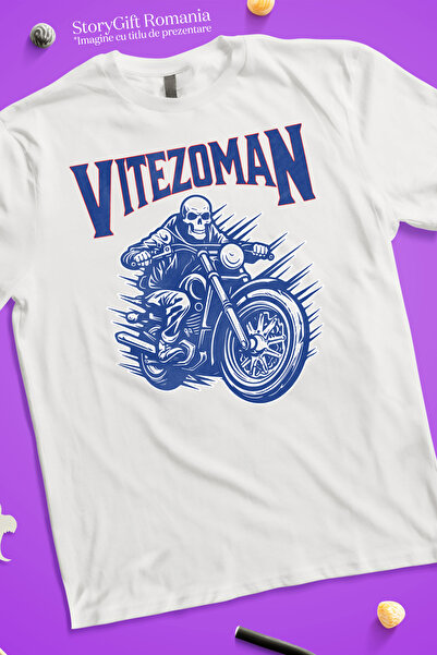 StoryGift Romania Men's T-Shirt Speedoman Skeletons On Motorcycle Speed ​​With Front Print, 100% Cotton, White,