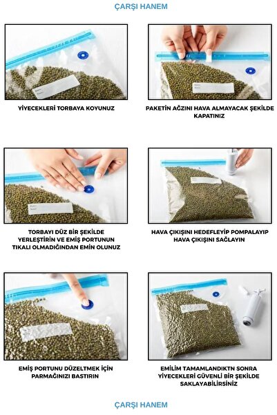 ÇARŞI HANEM El Pompalı Vakum Gıda Paketleme Poşetleri Yeniden Kullanılabilir 15 Adet Gıda Vakum Paketleme Poşeti