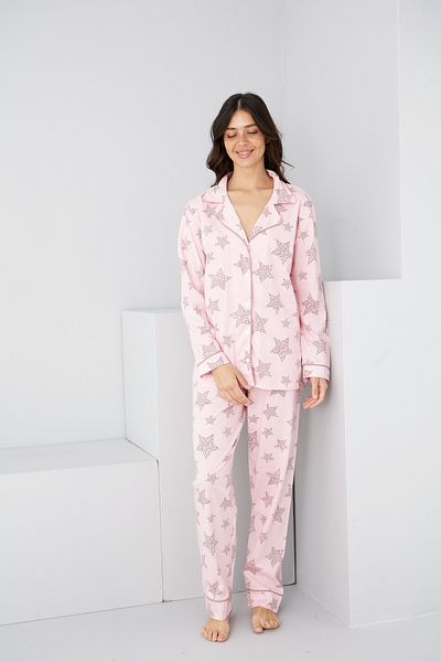 Siyah İnci Pink Powder Star Pattern Cotton Buttoned Ribbed Knitted Long Sleeve Pajama Suit7887