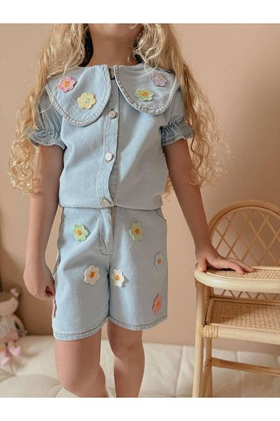YİGİT BUTİK Yigit Butik Denim Fabric Floral Shorts Girl's Suit