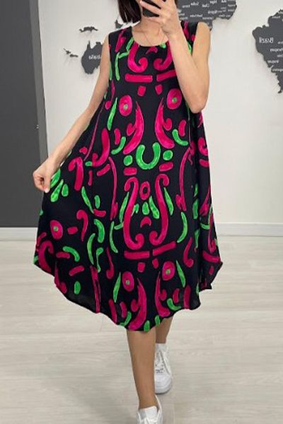AYASOFYA OTANTIK Rochie midi fără mâneci cu model etnic fucsia neagră de damă
