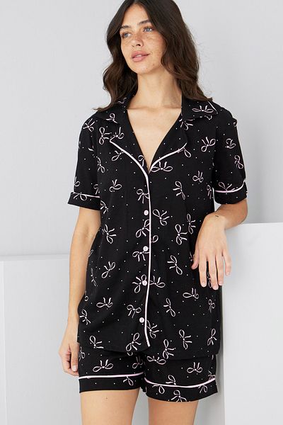 Siyah İnci Black Pink Bow Pattern Cotton Buttoned Bias Knitted Shorts Suit7885