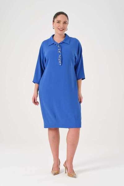 Gemko Bat Sleeve Collar Embroidered Dress - Blue