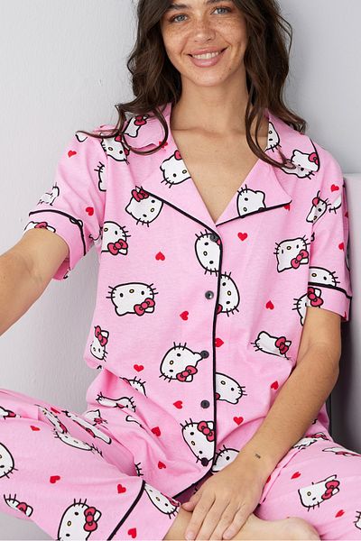 Siyah İnci ροζ άδεια hello kitty μοτίβο Βαμβακερό κουμπιά Πλεκτό κοστούμι πιτζάμα7352