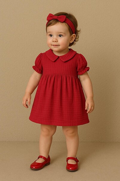 Montisu 100% Cotton Dress, Baby Girl Red Muslin Dress – Buttoned