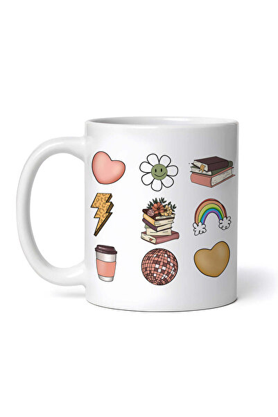 OEM Εξατομικευμένη λευκή κούπα, καρδιές καφέ, λουλούδια και βιβλία, INOVATIX®...