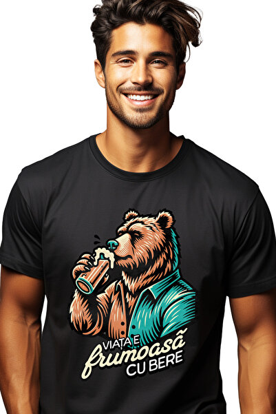 StoryGift Romania Tricou Barbati Viata E Frumoasa Cu Bere Urs Cu Halba Cu Imp...