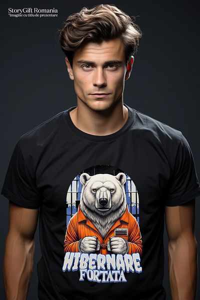 StoryGift Romania Men's T-Shirt Bear in prison forced hibernation with print on the front, 100% Cotton, Black