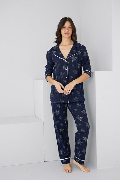 Siyah İnci Navy Blue Star Patterned Cotton Buttoned Ribbed Knitted Long Sleeve Pajama Suit7887