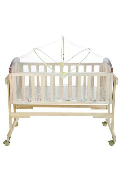 BabyCara 2 in 1 Baby Bed Wooden Crib Swing With Mosquito Net and Lock Wheels 70X55 Beige