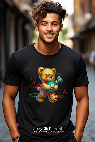 StoryGift Romania Tricou Barbati Urs De Plus Bogat Si Dragut Bani Cu Imprimeu Pe Fata, 100% Bumbac, Negru, Stg