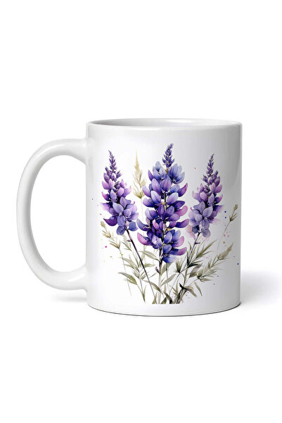 OEM Cană albă personalizată, Trei flori de lupin mov, INOVATIX®. 330ml