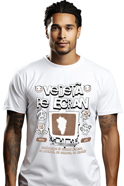 StoryGift Romania Tricou Barbati Vedeta Pe Ecran, Lumea Digitalizata, Televizor Cu Imprimeu Pe Fata, 100% Bu Stg