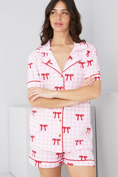 Siyah İnci Pink Checkered Bow Pattern Cotton Buttoned Ribbed Knitted Shorts Set7885