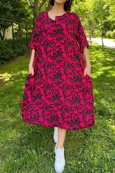 AYASOFYA OTANTIK Women's Fuchsia Button Round Neck Pocket Paisley Print Short Sleeve Dress