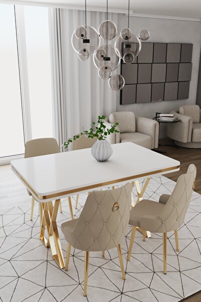 DEREN HOME Rio Gold Serisi 80x130 Mdf Masa 4 Adet Metal Ayaklı Silinebilir Ku...