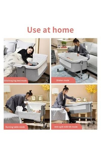BabyCara 3-in-1 Portable Rocking Baby Bed Foldable Co-Sleeping Crib with Height Adjustable Bassinet Grey