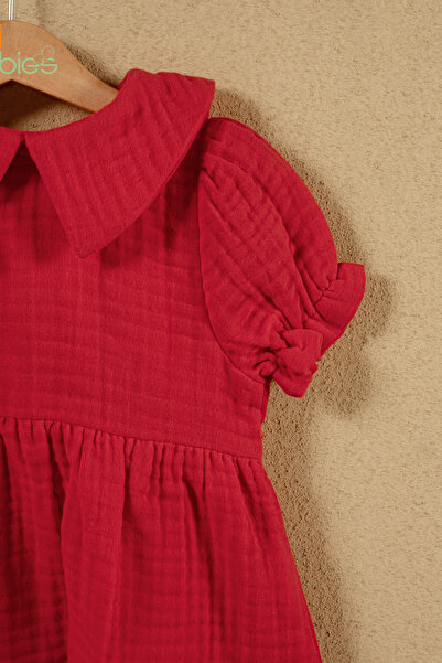 Montisu 100% Cotton Dress, Baby Girl Red Muslin Dress – Buttoned