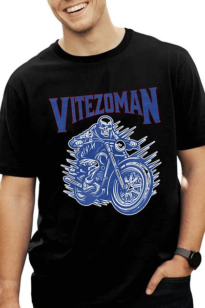 StoryGift Romania Tricou Barbati Vitezoman Schelete Pe Motor Viteza Cu Imprimeu Pe Fata, 100% Bumbac, Negru Stg