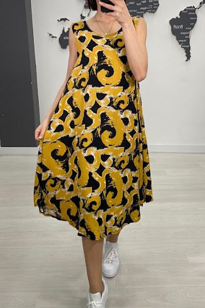 AYASOFYA OTANTIK Rochie midi fără mâneci cu imprimeu etnic galben de damă