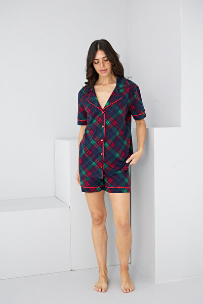 Siyah İnci Red Navy Blue Checked Cotton Buttoned Ribbed Knitted Shorts Set7885
