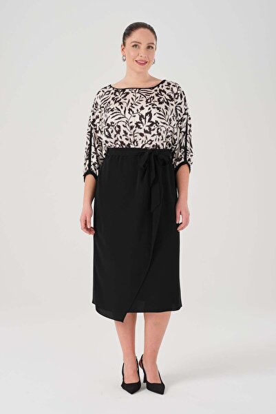 Gemko Desenli Kumaş Garnili Elbise - Siyah