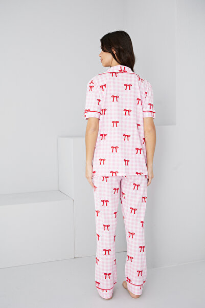 Siyah İnci ροζ καρό μοτίβο φιόγκου Βαμβακερό κουμπιά Πλεκτό κοστούμι πιτζάμα7886