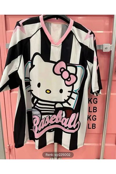 Gofeel White Hello Kitty Baseball Print Detail Jersey Short Sleeve Jersey