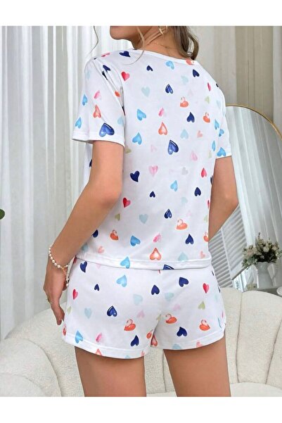 CSR HOMEWEAR Short Sleeve Shorts Suit Women Pajamas Set White Rainbow with Hearts