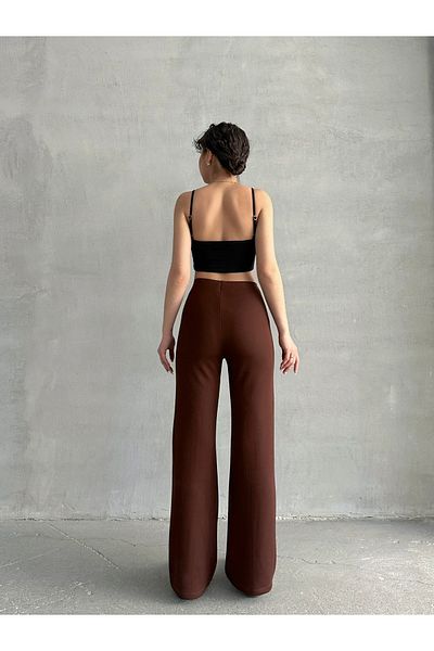 Lusin Women's Burgundy Ribbed Detailed Modal Fabric Stylish High Waist Trousers