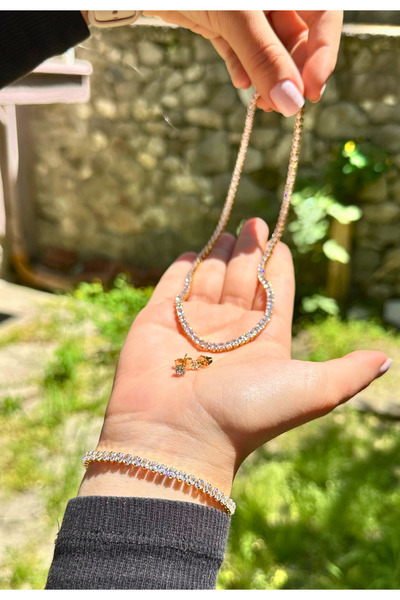 AYZENA VİP Suyolu Gold Renk Zirkon Taşlı Kolye, Bileklik, Küpe Çelik Set