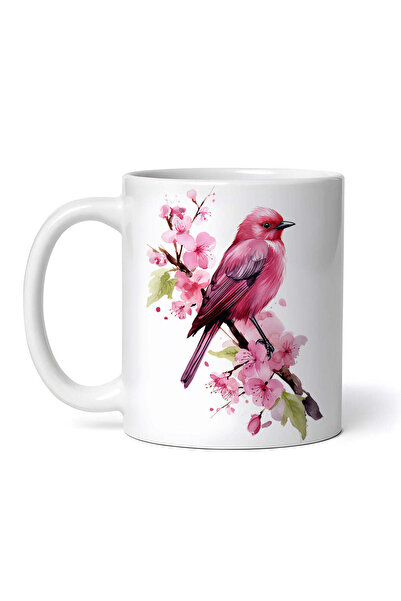 OEM Cană albă personalizată, pasăre roșie pe o ramură înflorită, INOVATIX®. 3...