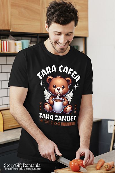 StoryGift Romania Tricou Barbati Urs De Plus Cu Cana De Cafea Fara Cafea Fara Zambet Cu Imprimeu Pe Fata, 10 Stg