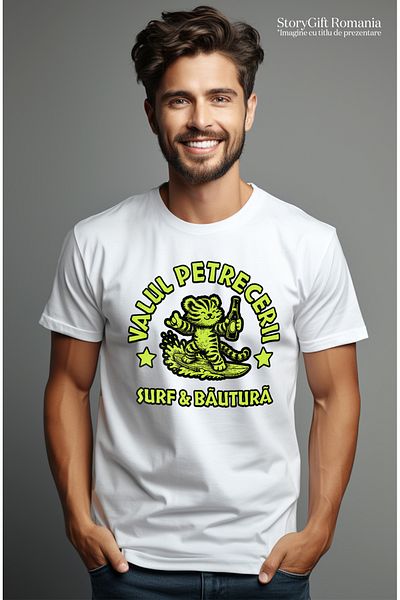 StoryGift Romania Men's T-Shirt Party Wave, Surfing And Drinking Tiger With Front Print, 100% Cotton, Stg