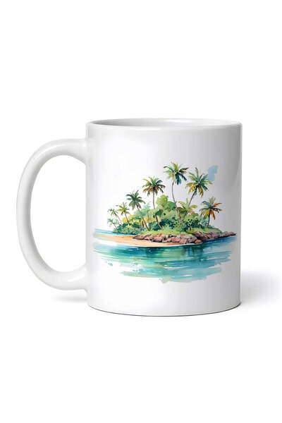 OEM Cană albă personalizată, Insulă tropicală cu palmieri, INOVATIX®. 330ml