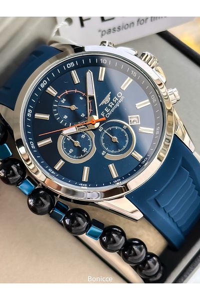 FERRO Men's Watch, Silicone Cord, Active Functions, Navy Blue Color, Calendar Bracelet Gift