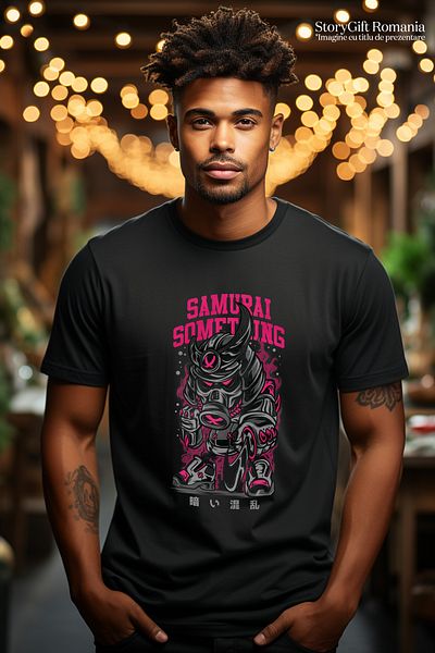 StoryGift Romania Men's T-shirt With Robot Warrior With Armor And Gas Mask, Text In English Samurai Sometstg