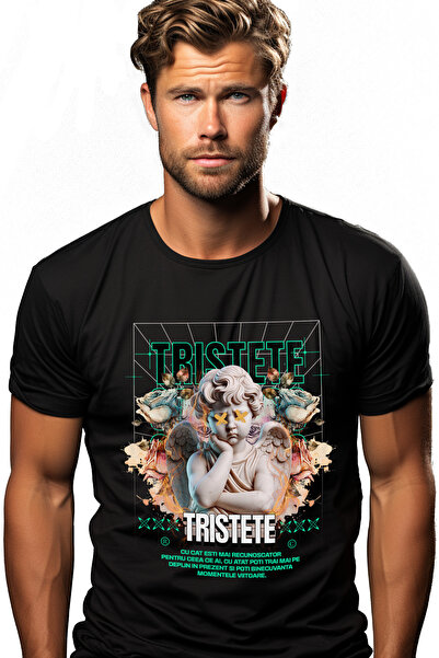 StoryGift Romania Tricou Barbati Ingerul Trist - Tristete Cu Imprimeu Pe Fata...
