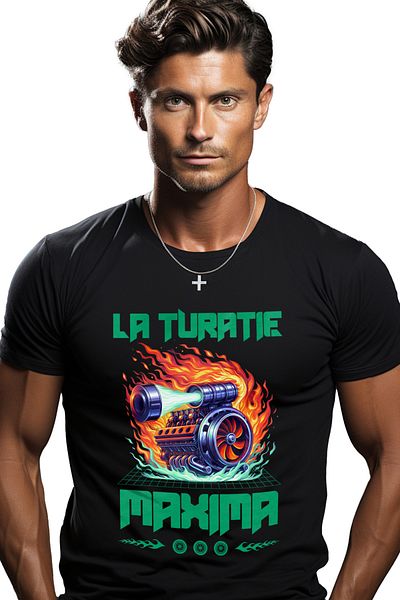 StoryGift Romania Tricou Barbati La Turatie Maxima Motor In Flacari Masina Viteza Cu Imprimeu Pe Fata, 100% Stg