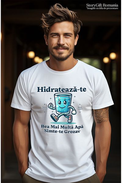 StoryGift Romania Tricou Barbati Pahar Cu Apa Zambaret Hidrateaza-te Cu Imprimeu Pe Fata, 100% Bumbac, Albstg
