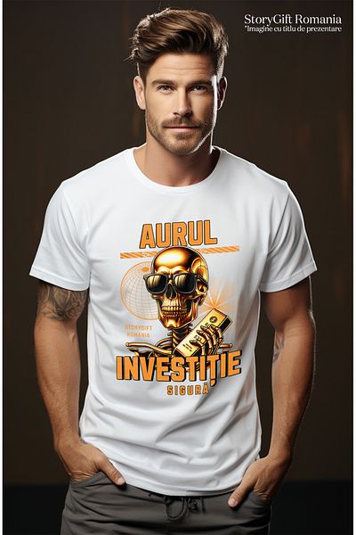 StoryGift Romania Men's T-Shirt Golden Skeletons With Glasses Text Gold Safe Investment With Print On Left F