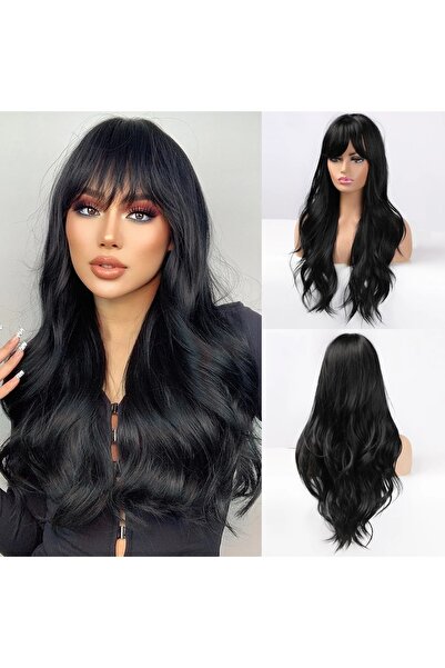 animis beauty Peruca lunga Neagra, cu breton, fibra sintetica cu aspect natural, par lung ondulat, 65 cm
