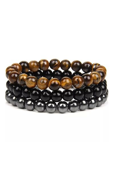 HOBİSY GIFT SHOP 3-Piece Energy Bracelet from Genuine Natural Stones – Tiger Eye, Onyx, Hematite