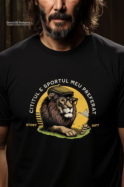 StoryGift Romania Tricou Barbati Leu Citind, Cititul Este Sportul Meu Preferat, Lectura Regele Junglei Cu Imstg