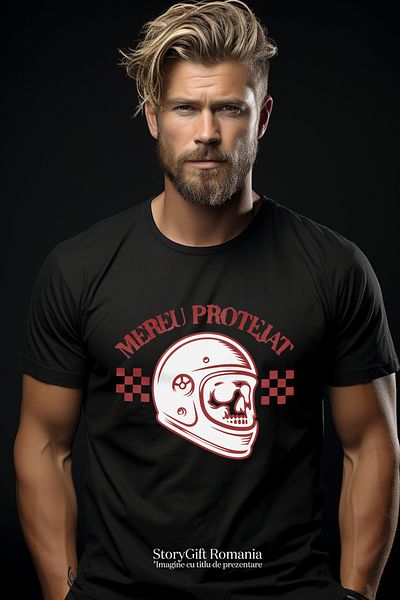 StoryGift Romania Tricou Barbati Mereu Protejat Craniu Cu Casca Siguranta Viteza Cu Imprimeu Pe Fata, 100% Stg